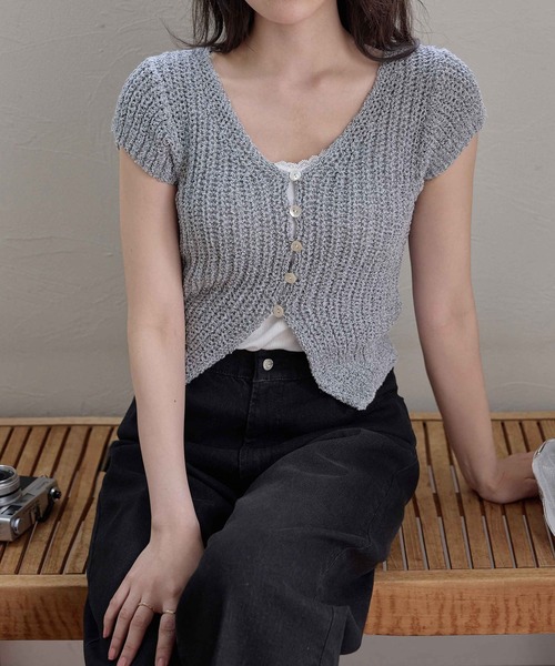 半袖カーディガン セール】千鳥格子 Vネック 半袖カーディガン 花柄ラインストーン