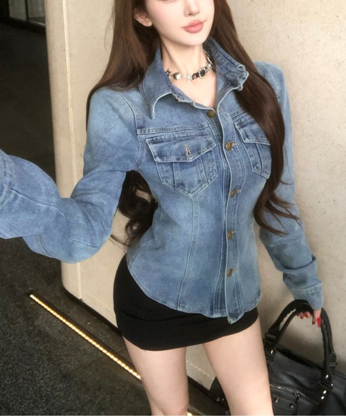 ブラウス シャツ デニム　ボーイフレンド　シャツブルゾン/セットアップ対応 レディース ANGIE ブラウス シャツ ヴィンテージライク オーバーサイズ