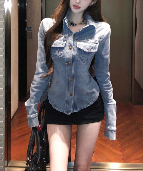 ブラウス シャツ デニム　ボーイフレンド　シャツブルゾン/セットアップ対応 レディース ANGIE ブラウス シャツ ヴィンテージライク オーバーサイズ