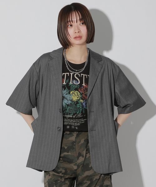 Anui（アニュイ）の「【UNISEX/SETUP対応】セットアップ半袖ジャケット（テーラードジャケット・レディース・ブラック/グレー・MEDIUM）」の7枚目の写真
