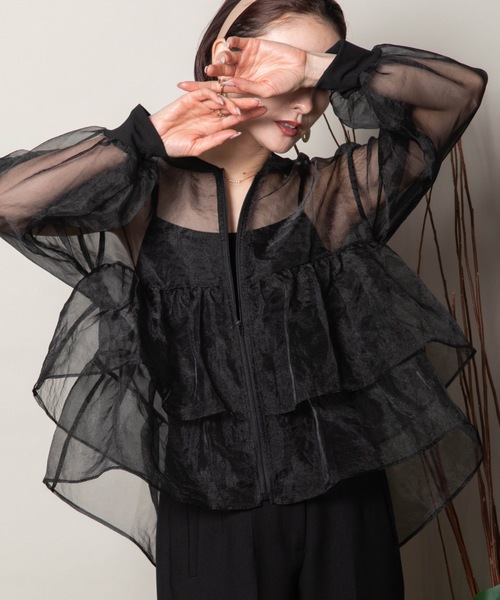 lodie(ロディ)の「ラッフルフリル オーガンジーシアーブルソン(シャツ/ブラウス・レディース・ブラック/オフホワイト/グレー・FREE)」の3枚目の写真