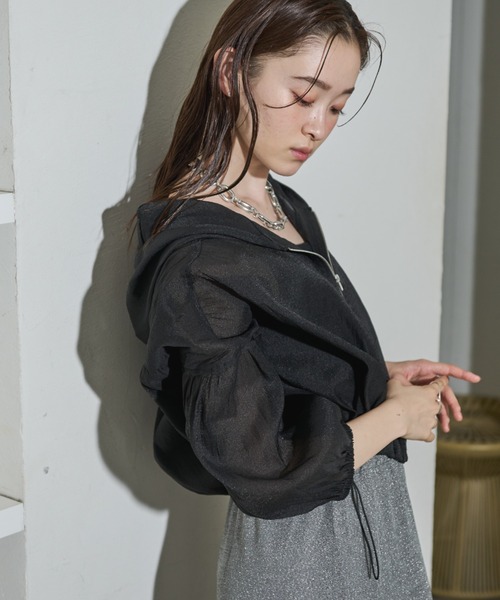 Shelly island（シェリーアイランド）の「フード付きシアーオーガンザブルゾン（ブルゾン・レディース・ライトブルー/ブラック/ホワイト・FREE）」の15枚目の写真