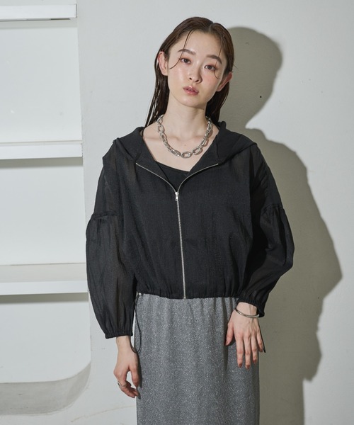 Shelly island（シェリーアイランド）の「フード付きシアーオーガンザブルゾン（ブルゾン・レディース・ライトブルー/ブラック/ホワイト・FREE）」の16枚目の写真