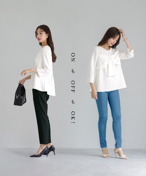 WHITE JOOLA(ホワイトジョーラ)の「UV CUT・速乾・接触冷感・防シワ・ストレッチ・手洗い可【多機能すぎるブラウス】ダブルピケクロス・リボンデザインフレアブラウス(シャツ/ブラウス・レディース・ブラック/オフホワイト・S/M/L/LL)」の15枚目の写真