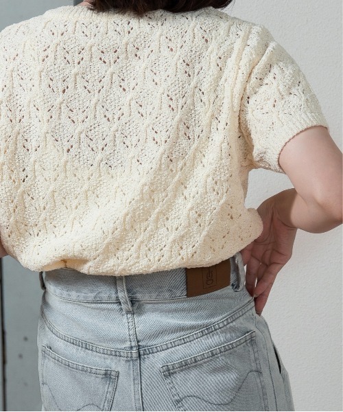 lawgy(ラウジー)の「openwork mesh short sleeve cardigan / オープンワークメッシュショートスリーブカーディガン(カーディガン/ボレロ・レディース・アイボリー/ライトグリーン・FREE)」の5枚目の写真
