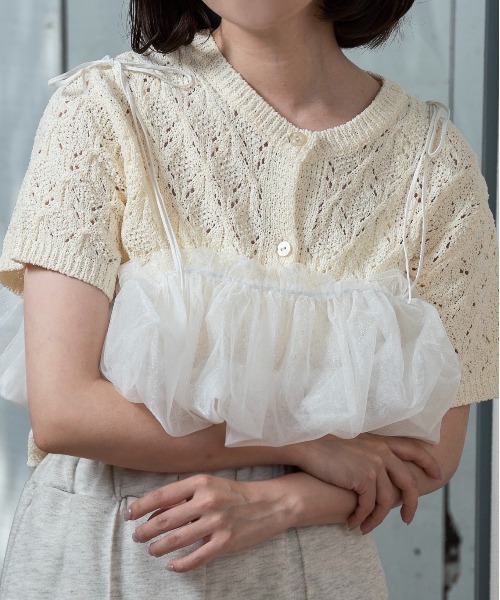 lawgy(ラウジー)の「openwork mesh short sleeve cardigan / オープンワークメッシュショートスリーブカーディガン(カーディガン/ボレロ・レディース・アイボリー/ライトグリーン・FREE)」の7枚目の写真