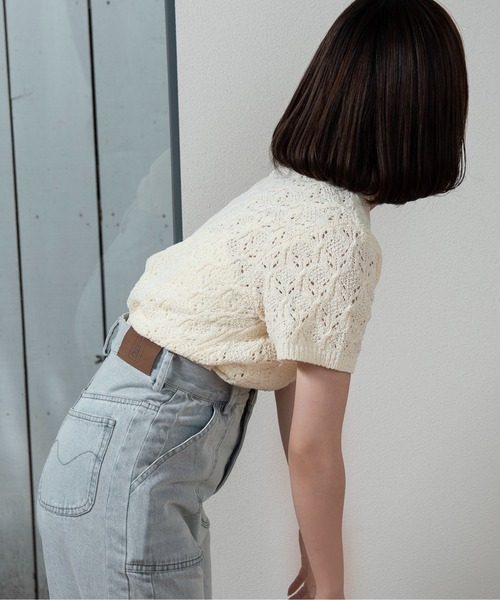 lawgy(ラウジー)の「openwork mesh short sleeve cardigan / オープンワークメッシュショートスリーブカーディガン(カーディガン/ボレロ・レディース・アイボリー/ライトグリーン・FREE)」の6枚目の写真