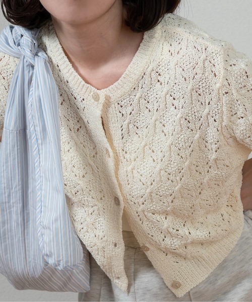 lawgy(ラウジー)の「openwork mesh short sleeve cardigan / オープンワークメッシュショートスリーブカーディガン(カーディガン/ボレロ・レディース・アイボリー/ライトグリーン・FREE)」の8枚目の写真