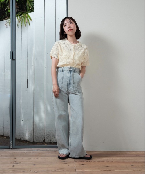 lawgy(ラウジー)の「openwork mesh short sleeve cardigan / オープンワークメッシュショートスリーブカーディガン(カーディガン/ボレロ・レディース・アイボリー/ライトグリーン・FREE)」の9枚目の写真