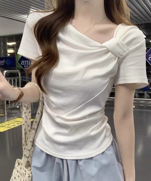FLAREUP 韓国 アシンメトリードレープロールアップ Tシャツ cx2032510-0.jpg