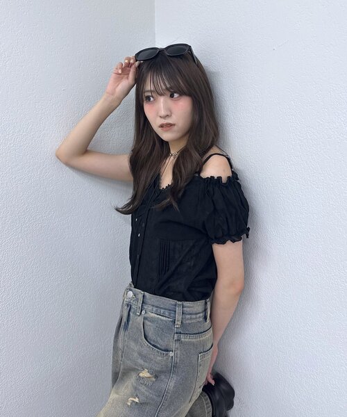 mline（エムライン）の「[mline]フレンチスリーブ2WAYブラウス（シャツ/ブラウス・レディース・ブラック/オフホワイト/ネイビー・FREE）」の14枚目の写真