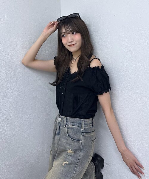 mline（エムライン）の「[mline]フレンチスリーブ2WAYブラウス（シャツ/ブラウス・レディース・ブラック/オフホワイト/ネイビー・FREE）」の15枚目の写真
