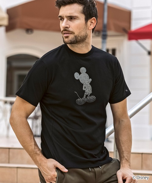 1PIU1UGUALE3  RELAX （ウノピゥウノウグァーレトレ リラックス）の「1PIU1UGUALE3 RELAX(ウノピゥウノウグァーレトレ リラックス)【ミッキーマウス】グラデーションラインストーン半袖Tシャツ（Tシャツ/カットソー・メンズ・ホワイト/ブラック・S/M/L/XL/XXL）」の2枚目の写真