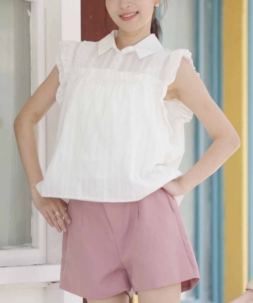 セール】ブラウス 刺繍襟付き ノースリーブ シャツ レディース