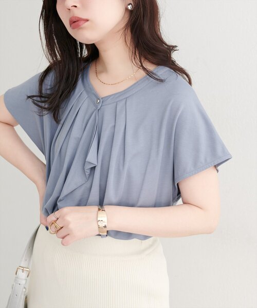 natural couture（ナチュラルクチュール）の「【sherbet line】接触冷感ドレープフリルカットソーブラウス（シャツ/ブラウス・レディース・ラベンダー/ネイビー/ボルドー/ブルー/オフホワイト・FREE）」の15枚目の写真