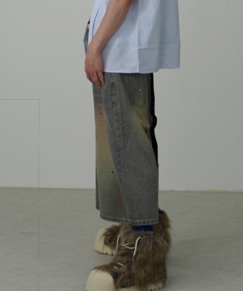 Never mind the XU / Chikashitsu+（ネバーマインド ザ エックスユー / チカシツプラス）の「【Nerd out XU】pink washed seven quarte denim pants / 【ナードアウトエックスユー】ピンクウォッシュドワイドハーフパンツ（デニムパンツ・メンズ・ブルー・M）」の4枚目の写真