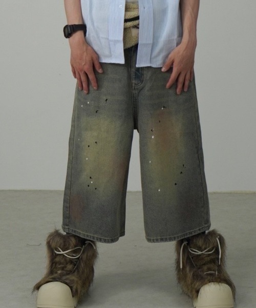 Never mind the XU / Chikashitsu+（ネバーマインド ザ エックスユー / チカシツプラス）の「【Nerd out XU】pink washed seven quarte denim pants / 【ナードアウトエックスユー】ピンクウォッシュドワイドハーフパンツ（デニムパンツ・メンズ・ブルー・M）」の3枚目の写真