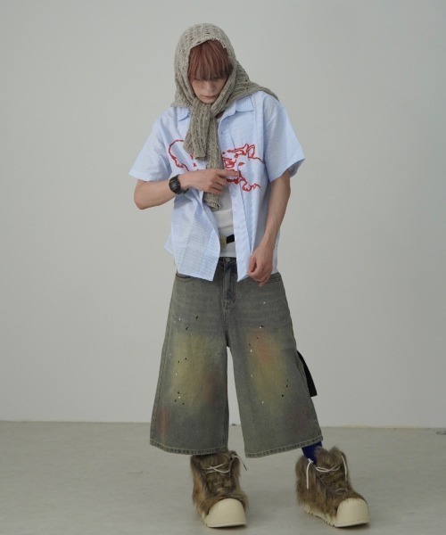 Never mind the XU / Chikashitsu+（ネバーマインド ザ エックスユー / チカシツプラス）の「【Nerd out XU】pink washed seven quarte denim pants / 【ナードアウトエックスユー】ピンクウォッシュドワイドハーフパンツ（デニムパンツ・メンズ・ブルー・M）」の8枚目の写真