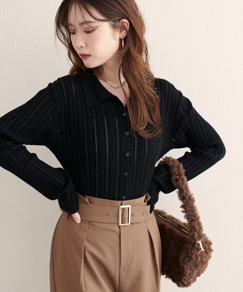 セール】【WEB限定】透かし×細ケーブル衿付きカーデ(カーディガン セール】【WEB限定】透かし×細ケーブル衿付きカーデ(カーディガン