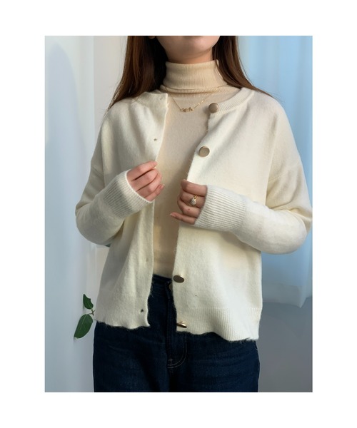 クルーネックボタン カーディガン ニットカーディガン オフィス