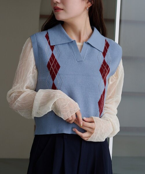 襟付きアーガイルニットベスト（ニット/セーター）｜Kastane（カスタネ