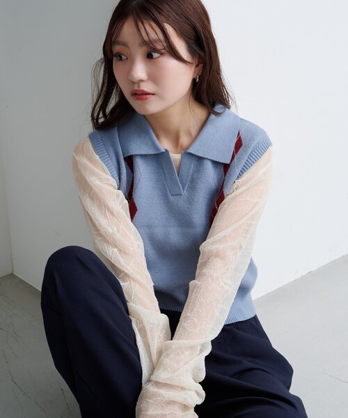 襟付きアーガイルニットベスト（ニット/セーター）｜Kastane（カスタネ