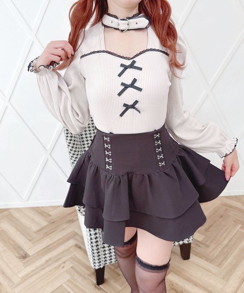 MA*RS(アメーバーマーズ)の「ホックコルセット風二段フリルスカパン(スカート・レディース・ブラック×ホワイト/ブラック/レッド・FREE)」の4枚目の写真
