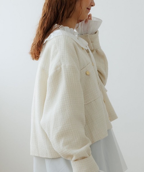 flower（フラワー）の「シャイニーツイードジャケット（ノーカラージャケット・レディース・アイボリー/ブラック・FREE）」の5枚目の写真