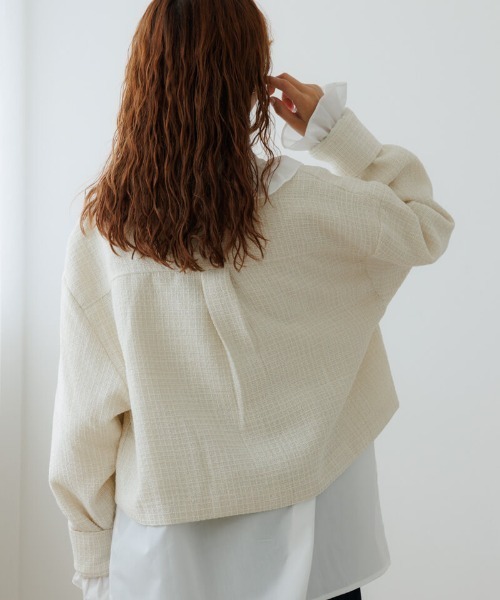 flower（フラワー）の「シャイニーツイードジャケット（ノーカラージャケット・レディース・アイボリー/ブラック・FREE）」の6枚目の写真