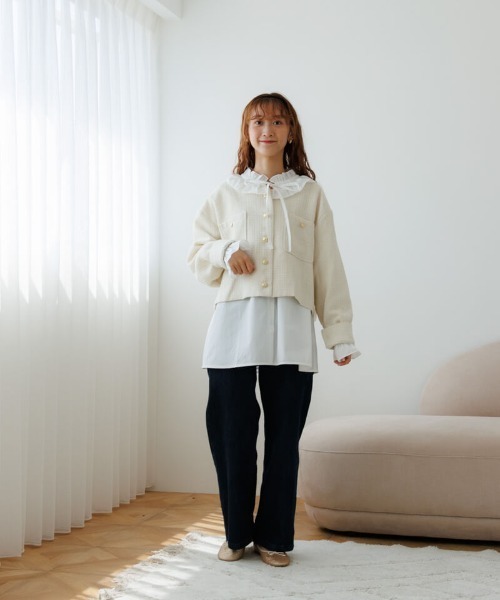 flower（フラワー）の「シャイニーツイードジャケット（ノーカラージャケット・レディース・アイボリー/ブラック・FREE）」の7枚目の写真