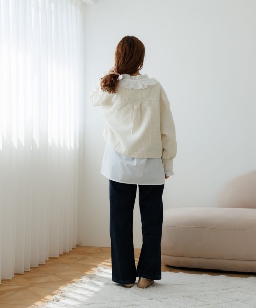 flower（フラワー）の「シャイニーツイードジャケット（ノーカラージャケット・レディース・アイボリー/ブラック・FREE）」の9枚目の写真