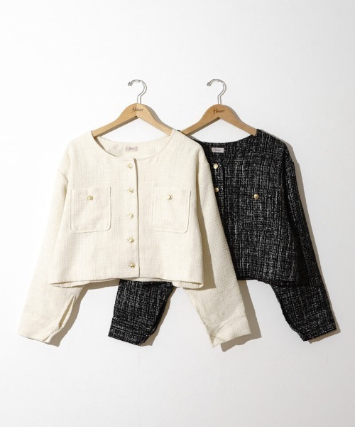flower（フラワー）の「シャイニーツイードジャケット（ノーカラージャケット・レディース・アイボリー/ブラック・FREE）」の15枚目の写真