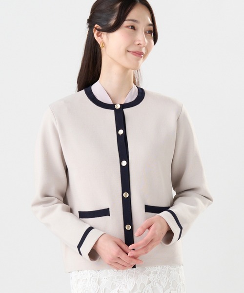 TOKYO SHIRTS（トウキョウシャツ）の「配色 ニットジャケット（カーディガン/ボレロ・レディース・グレー/オフホワイト/ネイビー・M/L）」の2枚目の写真