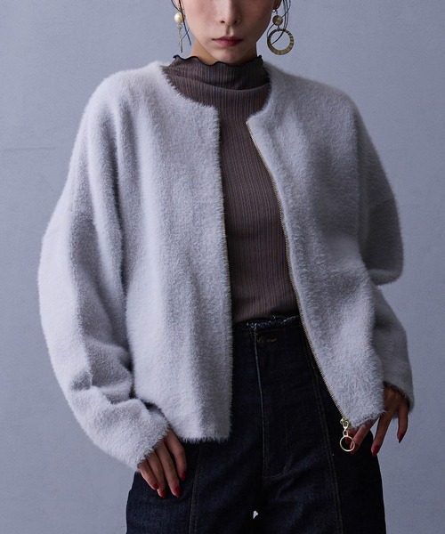 NICOLE white(ニコルホワイト)の「シャギーZIPカーディガン(カーディガン/ボレロ・レディース・グレー/ブラウン/チャコール/オフホワイト/ラベンダー・FREE)」の1枚目の写真