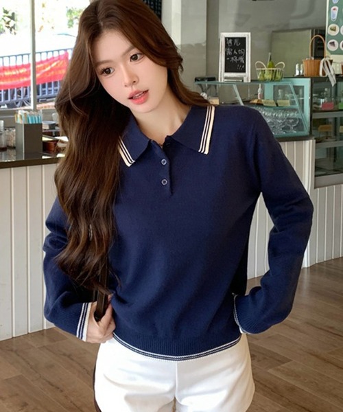 【よるさま】AULAREE リブ ポロニット ブルー レディース size1 セール】 【洗える】SOFT TOUCH WOOL リブ切り替え ニット