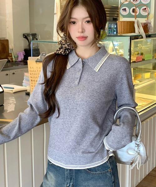 ポロ襟ラインニット長袖プルオーバー（ニット/セーター）｜Girly