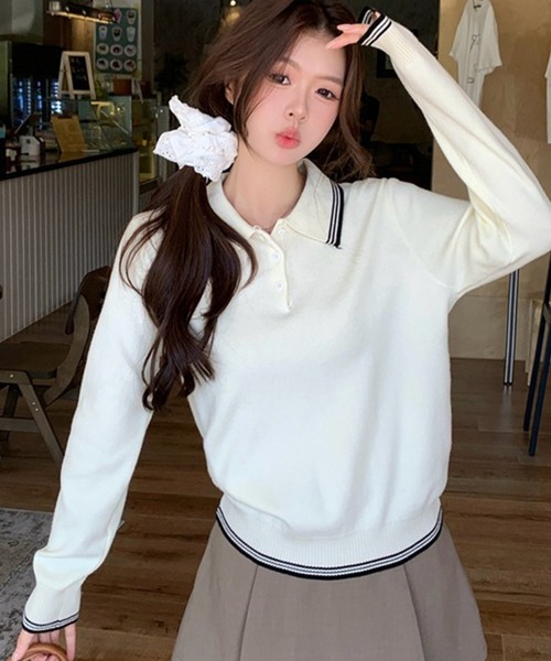 セール】ポロ襟ラインニット長袖プルオーバー（ニット/セーター