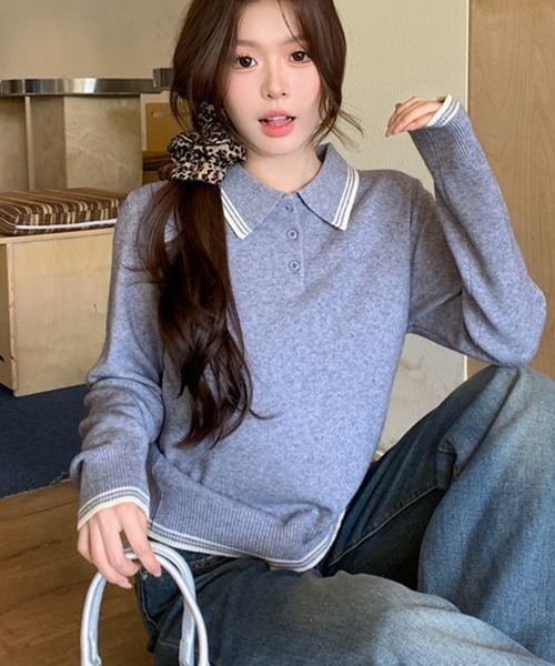 セール】ポロ襟ラインニット長袖プルオーバー（ニット/セーター