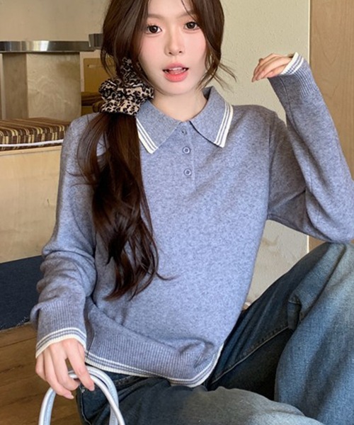 セール】ポロ襟ラインニット長袖プルオーバー（ニット/セーター