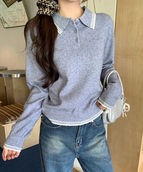 ポロ襟ラインニット長袖プルオーバー（ニット/セーター）｜Girly