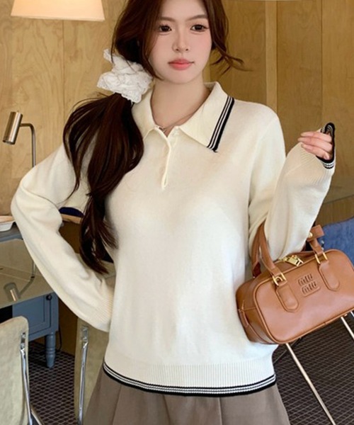 セール】ポロ襟ラインニット長袖プルオーバー（ニット/セーター