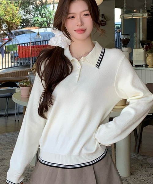 ポロ襟ラインニット長袖プルオーバー（ニット/セーター）｜Girly