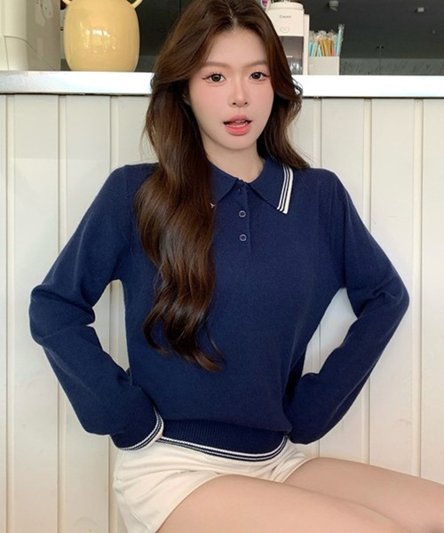 セール】ポロ襟ラインニット長袖プルオーバー（ニット/セーター