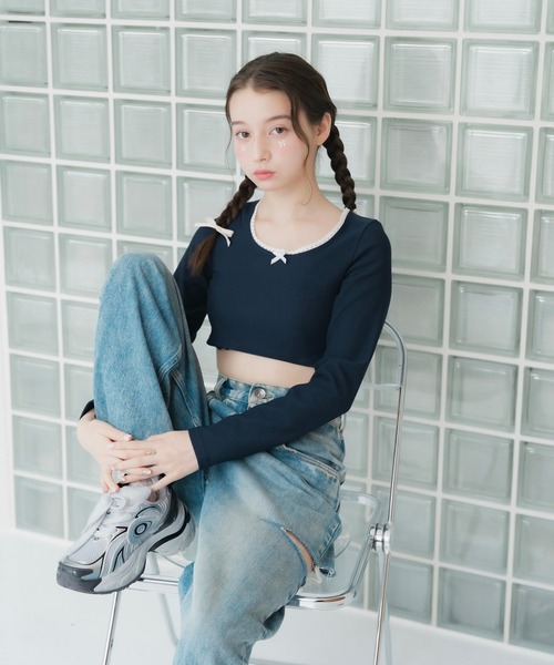 merrylatte(メリーラテ)の「リボンクロップド丈トップス【IROHANI】(Tシャツ/カットソー・レディース・ネイビー/アイボリー・FREE)」の9枚目の写真