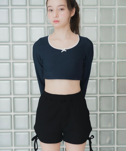 merrylatte(メリーラテ)の「リボンクロップド丈トップス【IROHANI】(Tシャツ/カットソー・レディース・ネイビー/アイボリー・FREE)」の8枚目の写真