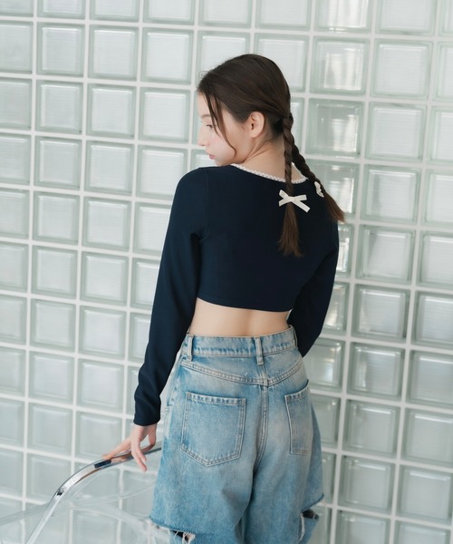 merrylatte(メリーラテ)の「リボンクロップド丈トップス【IROHANI】(Tシャツ/カットソー・レディース・ネイビー/アイボリー・FREE)」の19枚目の写真