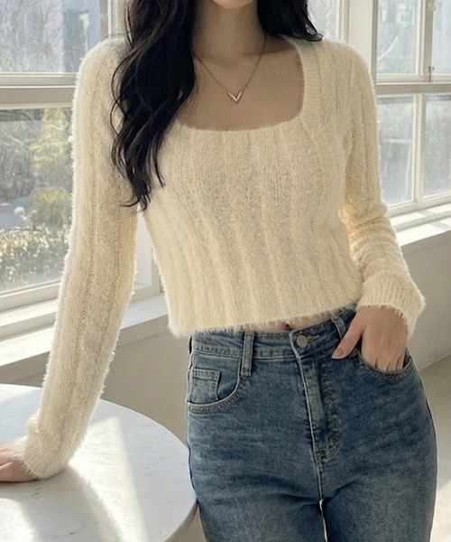 cammie（キャミー）の「スクエアネックワイドリブモヘアニットトップス（ニット/セーター・レディース・ブラック/アイボリー/ホワイト・F）」の2枚目の写真