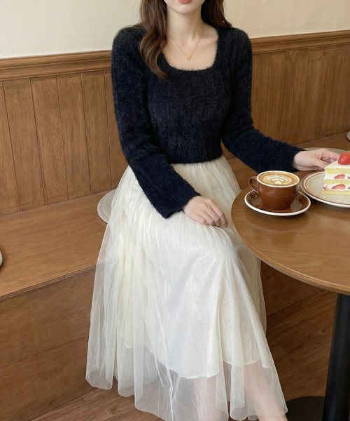 cammie（キャミー）の「スクエアネックワイドリブモヘアニットトップス（ニット/セーター・レディース・ブラック/アイボリー/ホワイト・F）」の11枚目の写真