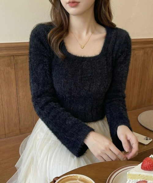 cammie（キャミー）の「スクエアネックワイドリブモヘアニットトップス（ニット/セーター・レディース・ブラック/アイボリー/ホワイト・F）」の8枚目の写真