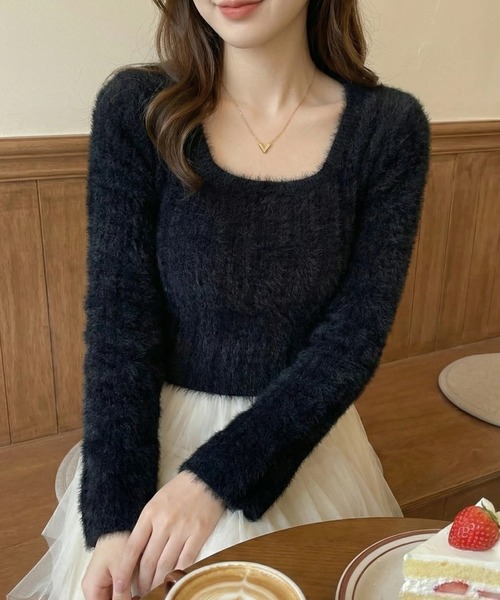 cammie（キャミー）の「スクエアネックワイドリブモヘアニットトップス（ニット/セーター・レディース・ブラック/アイボリー/ホワイト・F）」の9枚目の写真